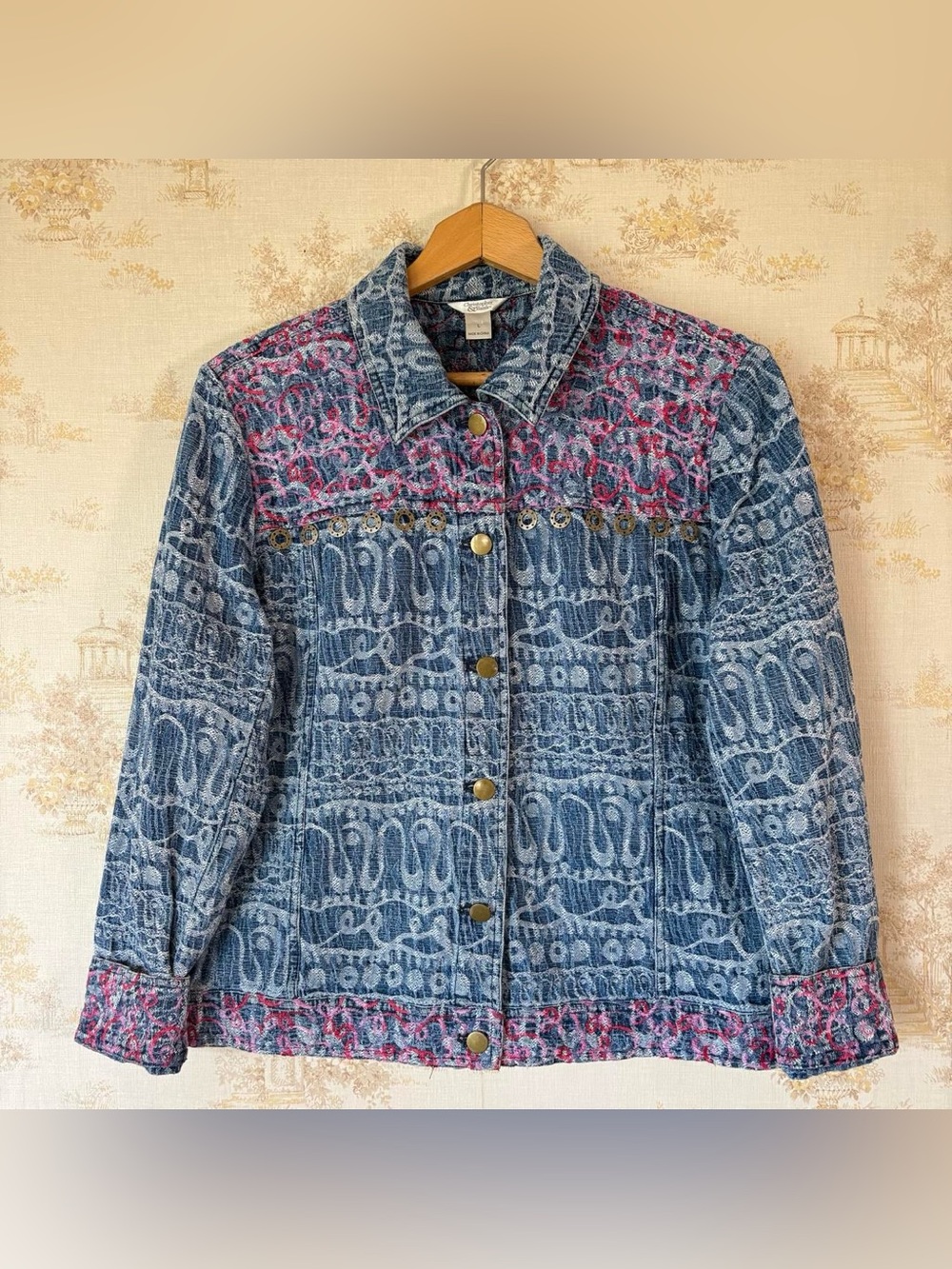 Vintage Christopher & Banks Embroidered Maximalist Boho Art Teacher Denim Jacket